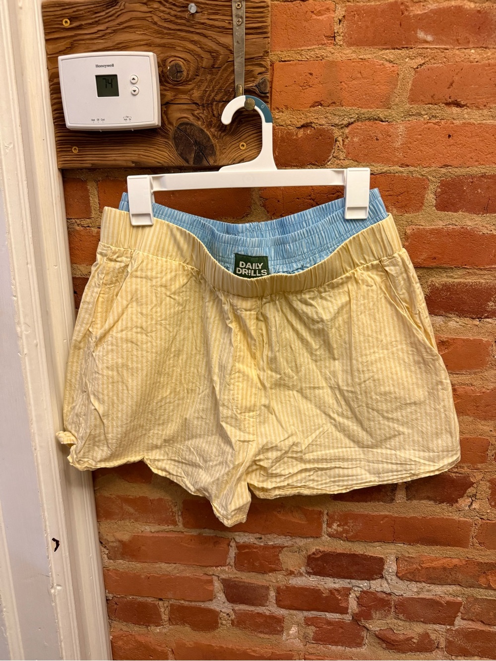 Daily Drills Pale Yellow Pinstripe Shorts with Light Blue Waistband